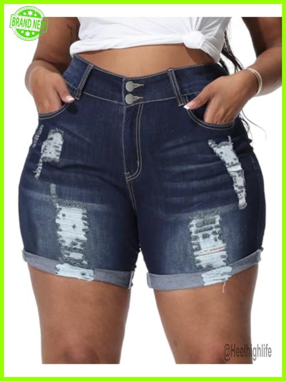 Plus Size High Waisted Stretchy Distressed Fold Hem Denim Jean Shorts